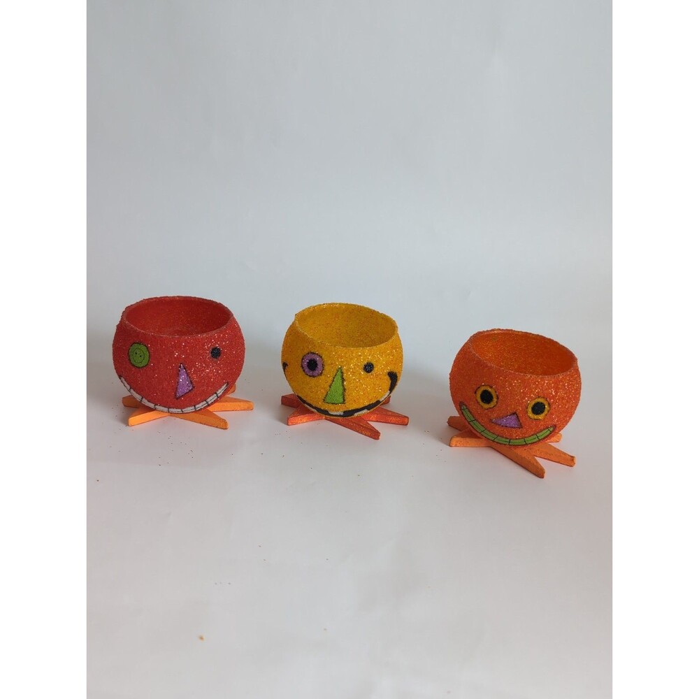 Vtg Dept 56 Halloween Candle Holders 3 Pumpkins Glitterville